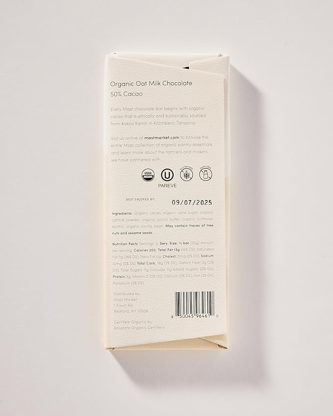 Organic Oat Milk Chocolate Bar 50% Cacao