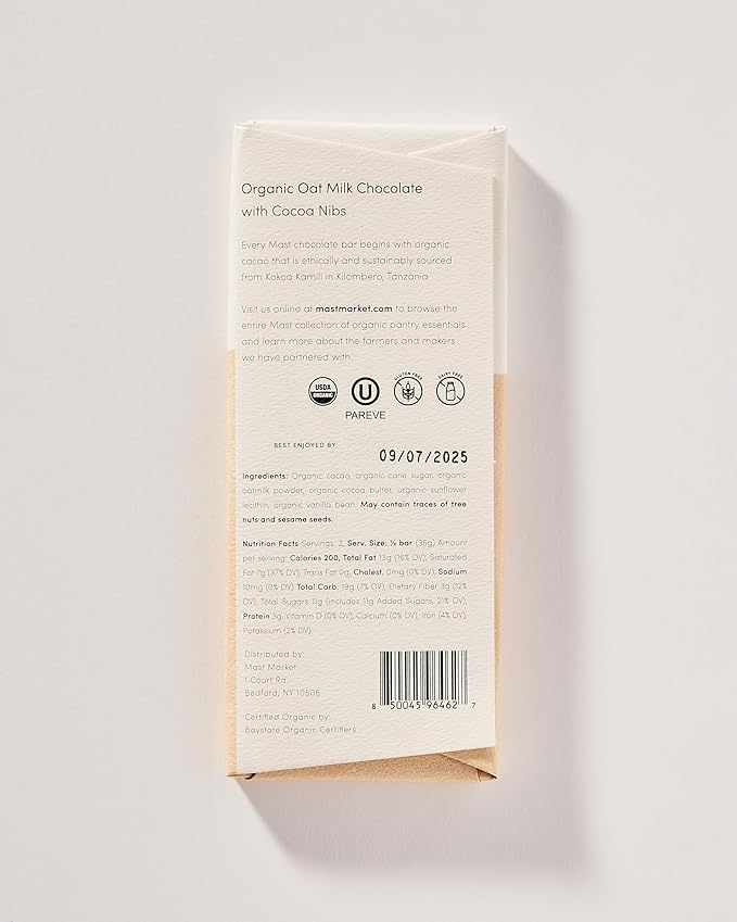 Organic Oat Milk Chocolate Bar with Cocoa Nibs